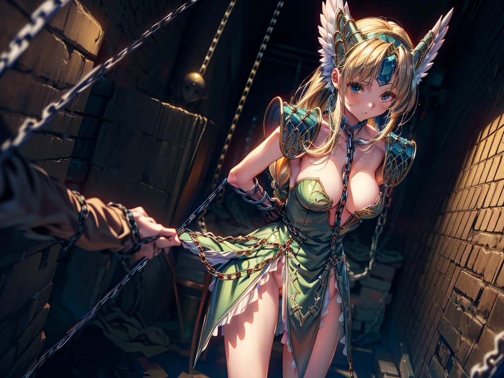 (masterpiece, Highest quality:1.2), Cowboy Shot, alone, one person, Riesz, View your viewers,, Long hair tied low, Winged Helmet,green dress, armor, shoulder armor, Bridal Gauntlet, ,(In a prison with iron bars:1.4),(The whole body is restrained with chains:1.8),(A girl gropes masts from 1.4),2girls