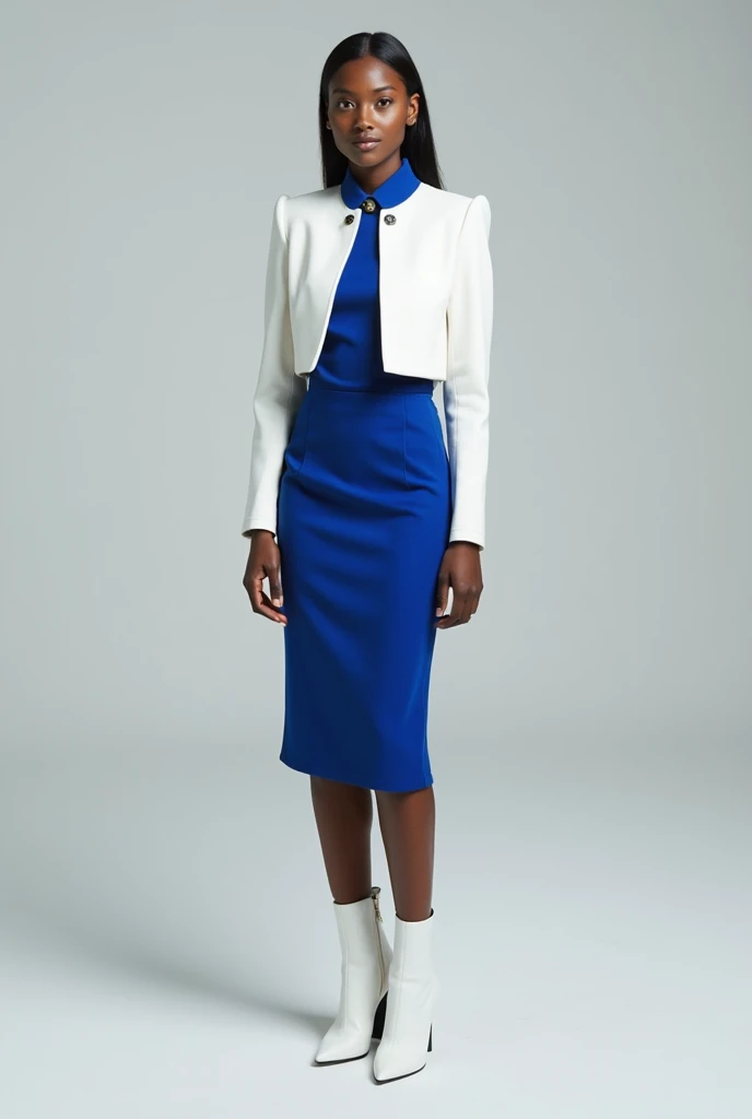 Create a closed white formal short women&#39;s jacket with a blue high collar, add a short blue skirt and white boots 

