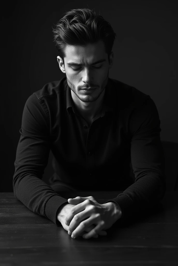 Real Sad male model on table, black and white