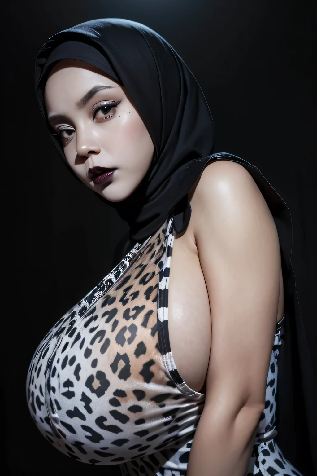 ((GOTHIC GOTH GIRL BLACK LIPS)), Jumbo (Singlet), Chubby adorable, 1 girl, (face to face), , baby face, angry face expression, half body portrait, (face details: 1), (eye details: 1), ((big breasts)). wearing transparent transparency soft long shirt, hijab, .. Cute posed. proportional body. Ultra High Res. realistic: 1.4, UHD, ((white leopard pattern)), ((Bigger:2.4)), (((DARK BACKGROUND)))