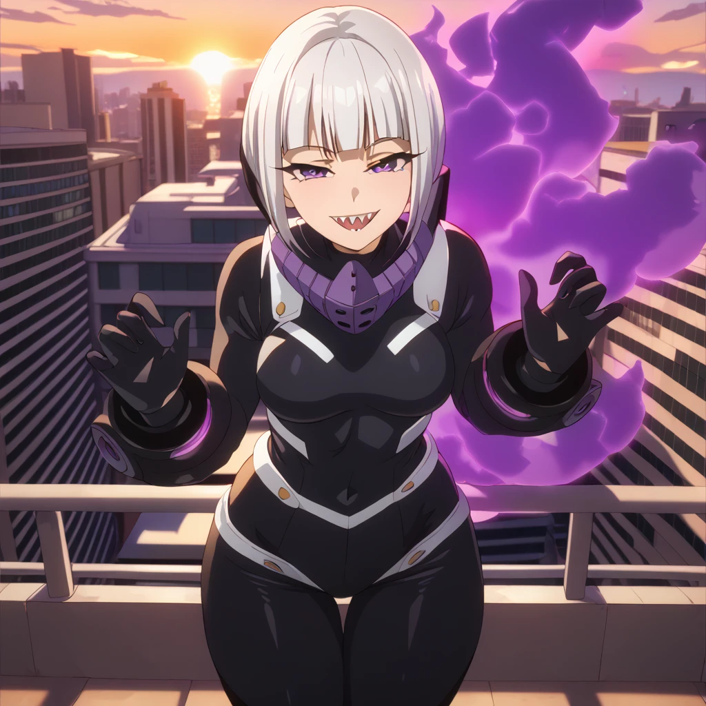 (NSFW) Detailed, best quality, 1 female, curt, wide hips,  leaning forward, big arms, fists pose, purple aura flames, cowboy shot, big tits, MHA style, black body suit, head gear, heavy artillery suit, gloves, white hair, bowl cut hair style, slick back hair, purple eyes, fully lidded eyes, evil eyes, large open smile, sharp teeth, stocky, very muscular, balcony, city background, beautiful sunset sky