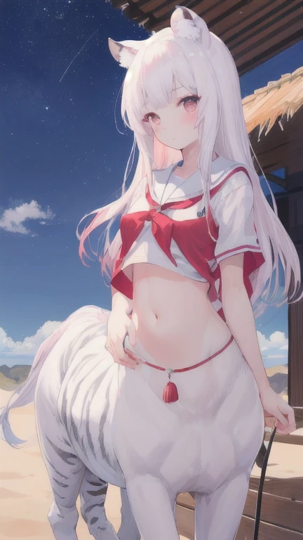 (best quality, masterpiece), 1 girl, centaur, I beg, White skin, Japanese schoolgirl,daughter,black pink, exposing the abdomen, belly button t-shirt , beautiful girl perfect, White tiger photo, Perfect desert photo
