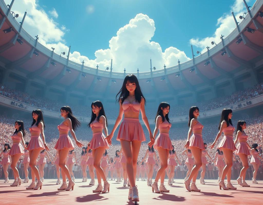 (((((Japanese Clone-girls=Myself))))), (((Super Best masterpiece Clone-girls Raw Photography Art))), (((16K, Highest quality, Ultra-high resolution, RAW Photos))), (((It's so unrealistic., With unparalleled depiction, With an unfathomable sight, An unprecedented and shocking worldview, Clone-girls: In a world of mass reproduction, Ultra-realistic))), (((Japanese Girls, Yokoyama-Yui, 22yo, Small face, Thick black hair, Semi-long hair, Dark Eyes, Mature face, Cute Smile, Smiling face, A gentle gaze, (((Very pleasant look)))))), (((Very beautiful detailed girls, Accurate body structure, Accurate body movements, Very detailed body, (((Super big breasts, Large bulge of ample breasts)))))), (((Nogizaka46 - Idol group stage costumes, Short skirt, hour々I can see your pants, Cleavage Emphasis, Emphasise the fullness of your breasts))), ((((((((Very detailed, Myself cloning, Depiction of splitting oneself, 1Myself girl→1,000,000,000,000,000,000,000,000,000,000Myself cloning girls)))))))), (((((((Myself clone-girlsから, Myself keeps multiplying, (Very detailed and intricate, To the exact, Flawless, (((In the same female body,With the same face, With the same hairstyle, In the same clothes, At the same height, 同じSuper big breastsである))), In a detailed depiction), 1,000,000,000,000,000,000,000,000,000,000 people))))))), (((((Myself girls only))))), (((((1,000,000,000,000,000,000,000,000,000,000Myself girls))))), (((((Very detailed depiction, A singing and dancing Myself idol group, On a large outdoor stage, A gorgeous, full-body dance performance, Over 100 people, Gaze into the audience, Fun and powerful singing, Dance with unified group movements))))), (((Very detailed, The auditorium is packed, The whole audience is Myself's crowd, Dressed differently from idol groups))), (((((The camera focuses on idol groups., Clear and accurate perspective depiction, Ultra-wide field of view, wide view, Focus on the average value of the image))))), The best dance performance ever, Myself and the others were going crazy and the atmosphere was at its peak.