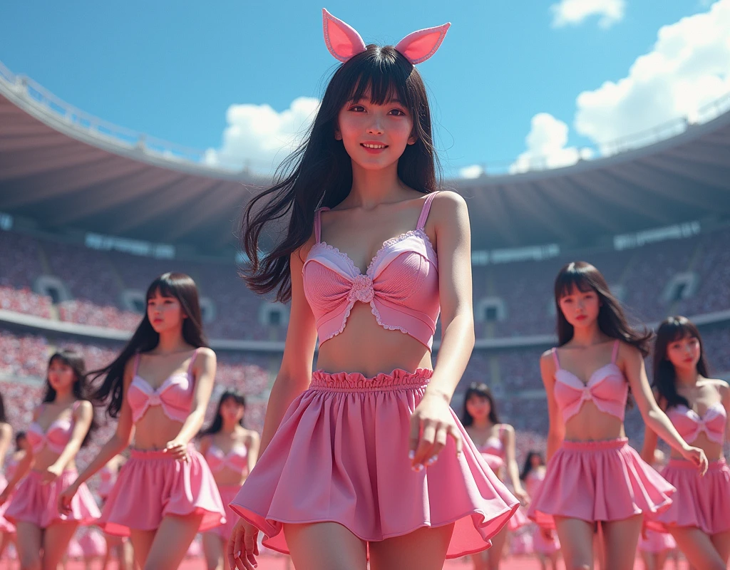 (((((Japanese Clone-girls=Myself))))), (((Super Best masterpiece Clone-girls Raw Photography Art))), (((16K, Highest quality, Ultra-high resolution, RAW Photos))), (((It's so unrealistic., With unparalleled depiction, With an unfathomable sight, An unprecedented and shocking worldview, Clone-girls: In a world of mass reproduction, Ultra-realistic))), (((Japanese Girls, Yokoyama-Yui, 22yo, Small face, Thick black hair, Semi-long hair, Dark Eyes, Mature face, Cute Smile, Smiling face, A gentle gaze, (((Very pleasant look)))))), (((Very beautiful detailed girls, Accurate body structure, Accurate body movements, Very detailed body, (((Super big breasts, Large bulge of ample breasts)))))), (((Nogizaka46 - Idol group stage costumes, Short skirt, hour々I can see your pants, Cleavage Emphasis, Emphasise the fullness of your breasts))), ((((((((Very detailed, Myself cloning, Depiction of splitting oneself, 1Myself girl→1,000,000,000,000,000,000,000,000,000,000Myself cloning girls)))))))), (((((((Myself clone-girlsから, Myself keeps multiplying, (Very detailed and intricate, To the exact, Flawless, (((In the same female body,With the same face, With the same hairstyle, In the same clothes, At the same height, 同じSuper big breastsである))), In a detailed depiction), 1,000,000,000,000,000,000,000,000,000,000 people))))))), (((((Myself girls only))))), (((((1,000,000,000,000,000,000,000,000,000,000Myself girls))))), (((((Very detailed depiction, A singing and dancing Myself idol group, On a large outdoor stage, A gorgeous, full-body dance performance, Over 100 people, Gaze into the audience, Fun and powerful singing, Dance with unified group movements))))), (((Very detailed, The auditorium is packed, The whole audience is Myself's crowd, Dressed differently from idol groups))), (((((The camera focuses on idol groups., Clear and accurate perspective depiction, Ultra-wide field of view, wide view, Focus on the average value of the image))))), The best dance performance ever, Myself and the others were going crazy and the atmosphere was at its peak.
