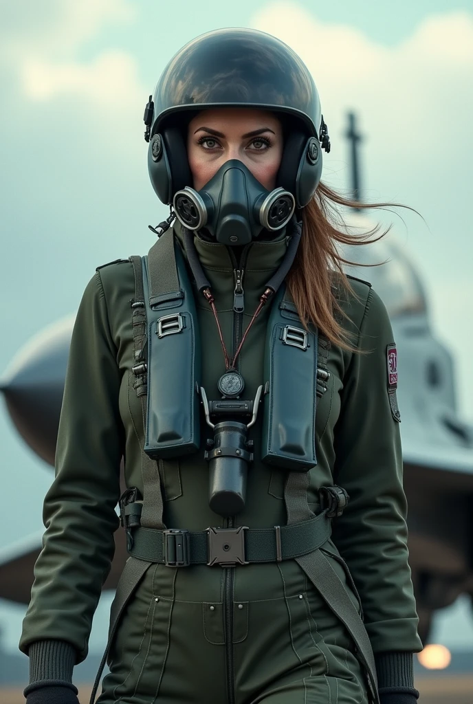 Angelina Jolie wearing a fighter pilot suit, wearing a pilot helmet, wearing oxygen mask, flying a mig29, outside view,