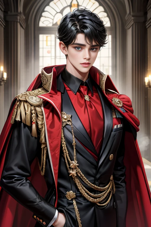 masterpiece, 最high quality, high quality, 1 boy, alone, Male focus, Upper Body,Watching the audience, Messy black hair, Adorable big blue eyes, White, Noble, Noble,A black and red cape that is bursting with sexy volume、Tuxedo、A very voluminous, large, very large, very large, long, long red and black cape with a high stand-up collar, made of a lot of fabric that reaches down to the floor., ,cute beautiful,Cute, cute, kind, handsome guy
