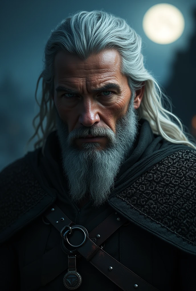 Actor Travis Fimmel (travis fimmel) Geralt of Rivia (Geralt of Rivia) Night portrait of, his face is illuminated by the full moon, He has a beard, Model shooting style (Extremely detailed CG Unity 8K), Full-frame photography of the world's most beautiful works of art, Medieval wizard armor, Greg Rutkowski's professional majestic paintings, Popular on artstation, Popular on CGsociety, complex, Very detailed, Be focused, dramatic, Midjourney's realistic paintings