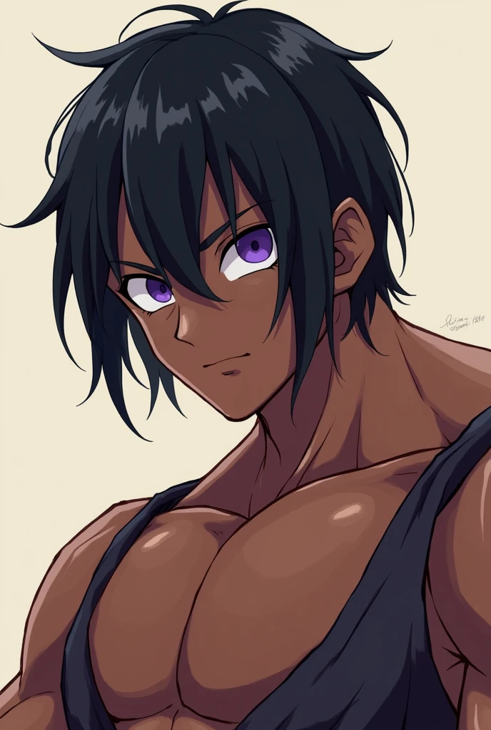 Dark skin man, violet eyes, short straight black hair, muscular, with a shy expression on his face, with dragonball drawing style.
