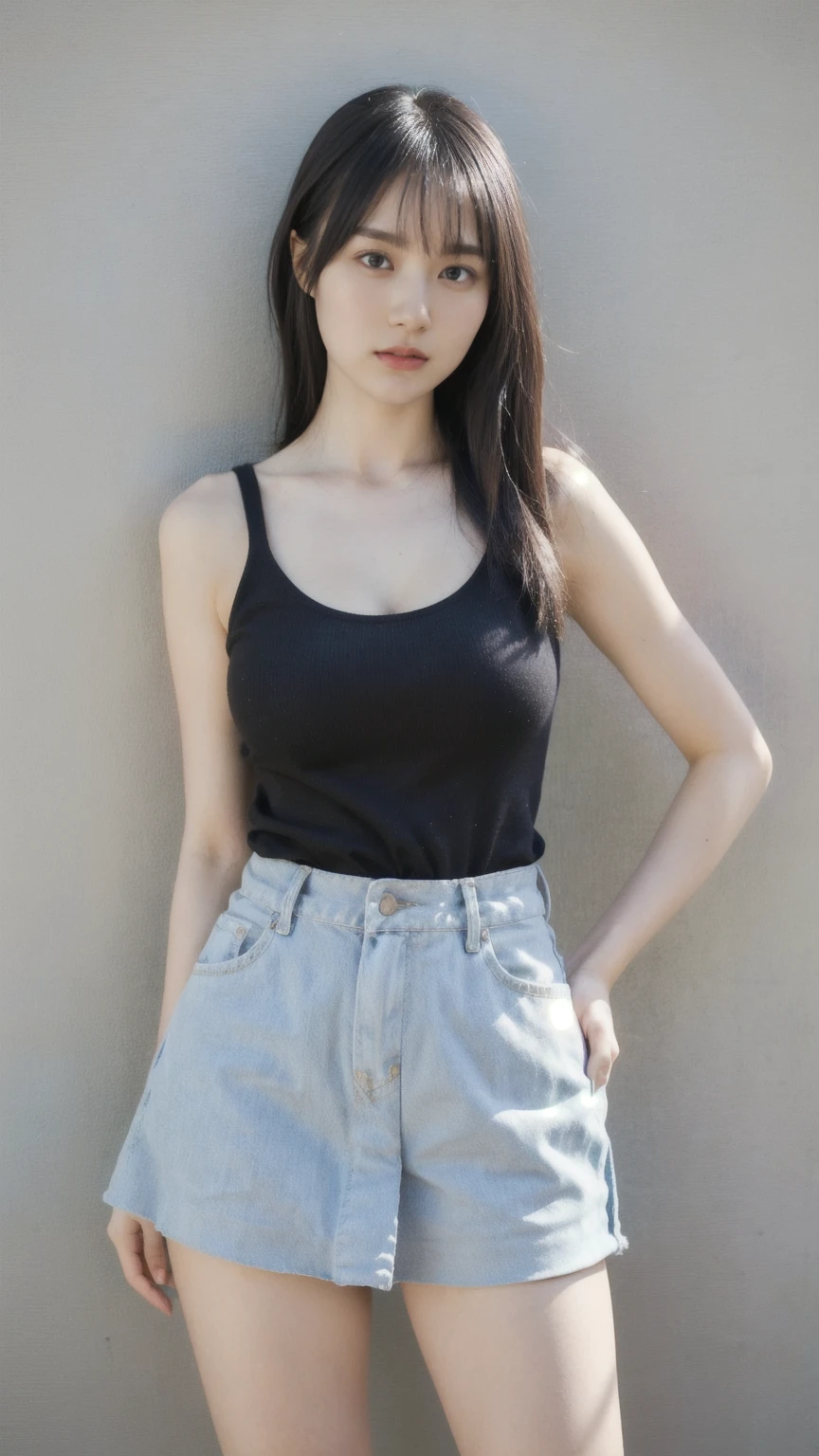 ((1girl)), woman, masterpiece, best quality, highest quality, cinematic lighting, (volumetric lighting), extremely detailed CG unity 8k wallpaper, focused, 8k wallpaper, extremely detailed, ultra realistic, photorealistic, sharp focus, absurdres, (HDR:1.2), (high contrast), photograph, detailed and intricate, instagram, portrait, highly detailed, digital painting, artstation, concept art, smooth, sharp focus, illustration, cinematic lighting, (big breast:1.3), (((skinny, slim legs))), (japanese idol posture), (knit strap tanktop, short skirts, open shoulder, open chest, cleavage), looking at the viewer, (I don't see arms)), ((Standing)), ((Medium body shot, hip level shot)), long hair, ((leaning on a wall)), beautiful eyes.