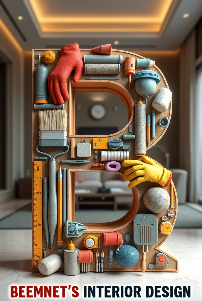 A huge letter B tilted made out of "house building materials like brush,ruller,Pencil, Roller, safty golves,Googl eye glass",background inside view of well designed house with" ceiling ,lights ,designed walls,tables, sofas and table, write boldly "Beemnet's interior Design" at the bottom
