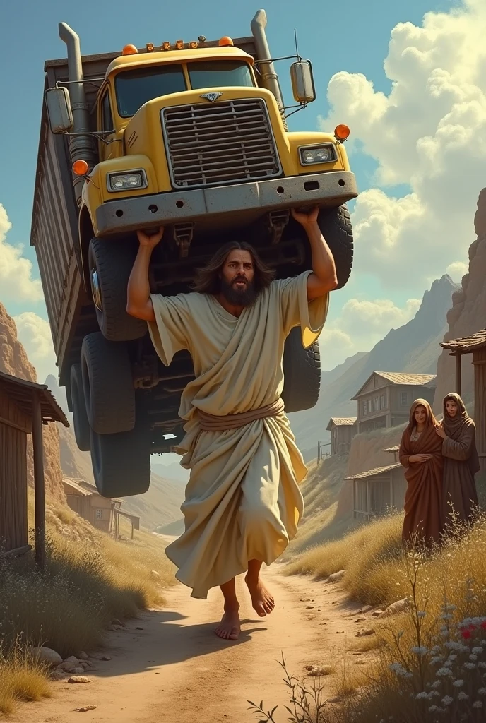 "Jesus Christ struggling to carry a large truck on his shoulder up in a town road, . The scene is set in a rustic, rural landscape with rugged terrain, emphasizing the effort and emotion involved in his task."and more villagers are watching him other town and he is
crying folling water in his eays