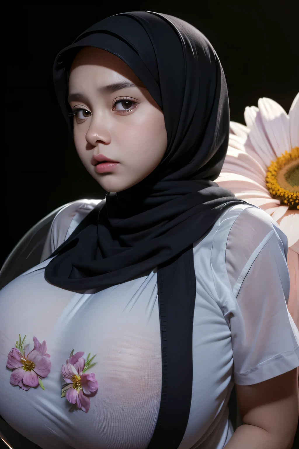 Jumbo (Singlet), Chubby adorable, 1 girl, (face to face), , , angry face expression, half body portrait, (face details: 1), (eye details: 1), ((big breasts)). wearing transparent transparency soft long shirt, hijab, .. Cute posed. proportional body. Ultra High Res. realistic: 1.4, UHD, ((flowers pattern)), ((Bigger:2.3)), (((DARK BACKGROUND)))