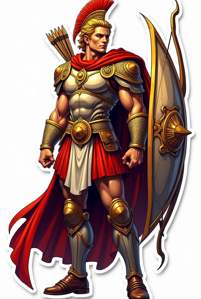 God Apollo wearing an armour and firing a bow and arrow. Make his face a little fierce and facing in front. Make it sticker-like with bold outline. It should be accurate as a logo. Don't put a background. He should be facing in front and make it brighter with touch of yellow. He should ba handsome also. Make it half body. Don't make cuts of other parts. It should be a full image. Make him look more god-like.