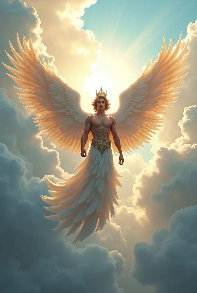 Generate a young male god of air flying in the sky with crown on head who is looking strong and overpower