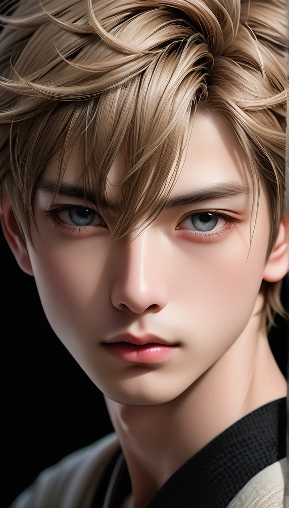 Meticulous, analog style, focus on the eyes, highest quality, (highly detailed skin), photo of very handsome pale skin Japanese boy, 2, (), perfect face, pore skin, (penetration:0.5), black background, (bokeh:0.6), sharp focus, grainy lighting, (backlight:0.7), film grain, photographed with Sony A7R IV camera, 18mm F/1.7 cine lens, (highly detailed, intricate detail), 8k, HDR, front view, (upper body: 0.9)