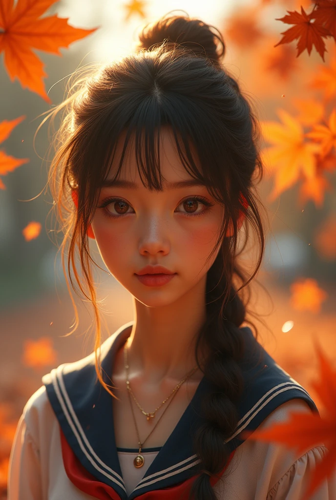 (masterpiece,Highest quality:1.4),(8k,RAW Photos,Photorealistic:1.4),Ultra-high resolution, ,(Glowing Skin:1.4),Detailed肌,Detailed顔,Detailed目,(Beautiful and shining eyes:1.2),Symmetrical eyes,Detailed耳,One person,Natural Makeup,(((Junior idol))),,Detailed背景,Vivid background,Beautiful and shiny hair,,((Average teenage breasts)),,(Detailed Sailor uniform,Realistic beautiful teen,Maple leaves falling background,mysterious,whole body),,((Sharp Face)),Natural light,,(Very detailed ,,online shopping,LUMINE® Market,),,,Professional,(Detailed,Location was great.),