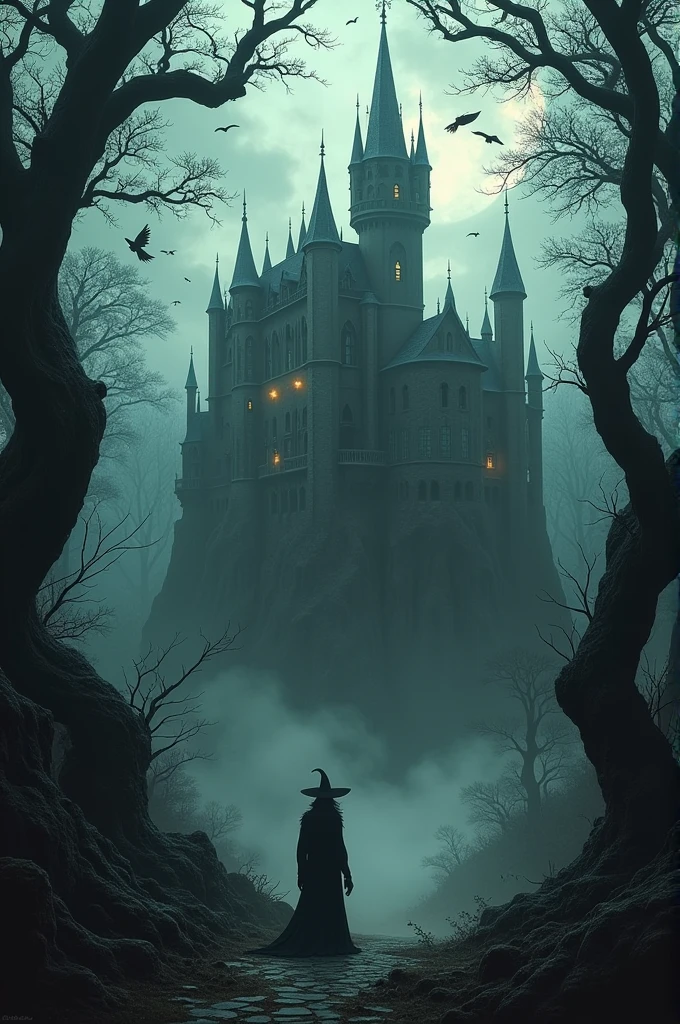 a picture of dark scary witch castle that is located in dark forest