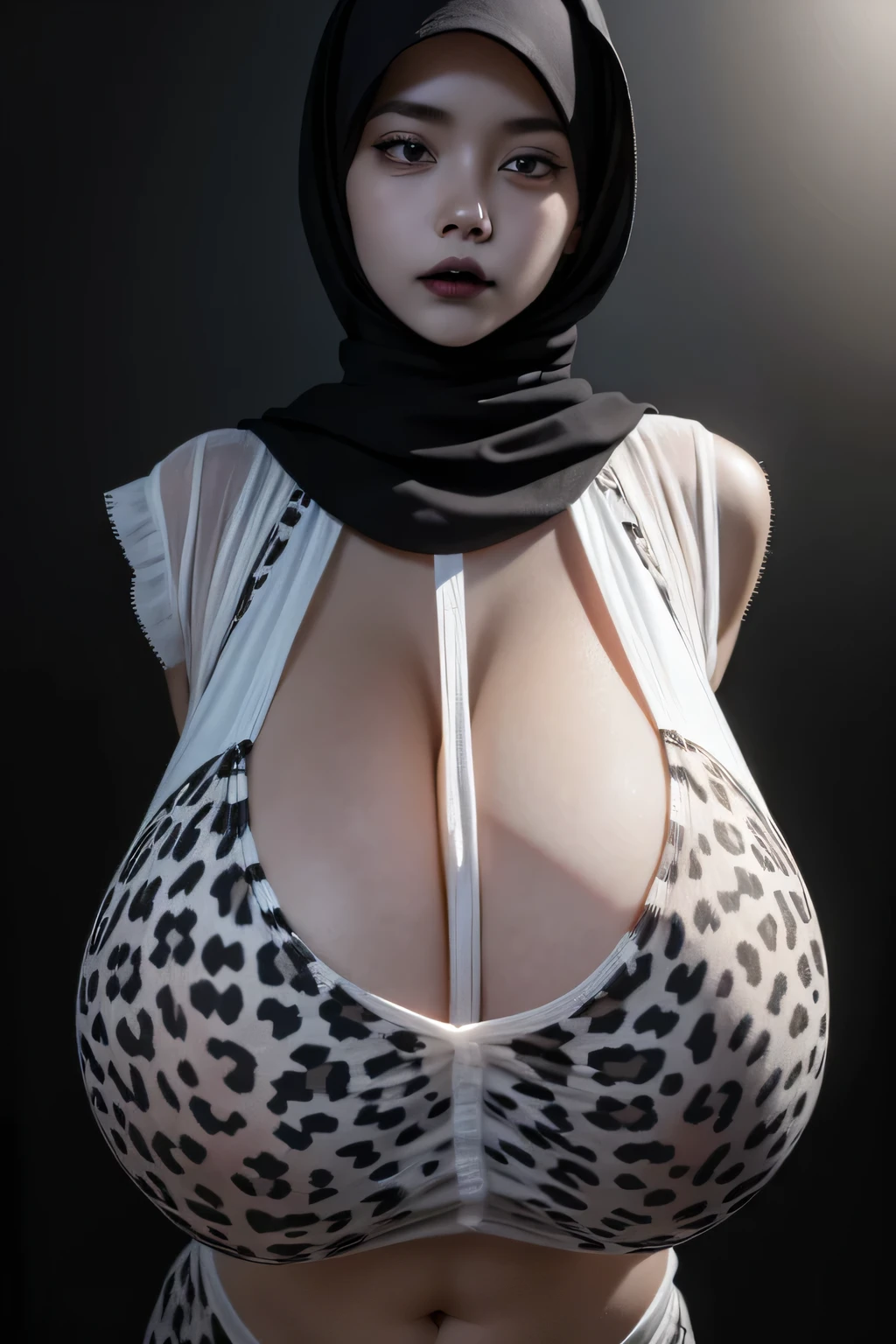 ((GOTHIC GOTH GIRL BLACK LIPS)), Jumbo (Singlet), Chubby adorable, 1 girl, (face to face), , , angry face expression, half body portrait, (face details: 1), (eye details: 1), ((big breasts)). wearing transparent transparency soft long shirt, hijab, .. Cute posed. proportional body. Ultra High Res. realistic: 1.4, UHD, ((white leopard pattern)), ((Bigger:2.4)), (((DARK BACKGROUND)))