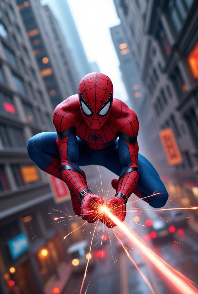 Generate an image of spiderman who shoots his web into the our screen realistic like movie
