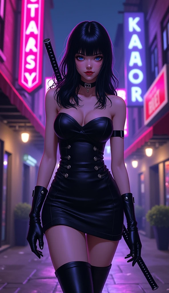 at night, some buildings in the united states, bars, purple phosphorescent lights, and a single woman with black hair and blue eyes, small nose,super pretty in a short strapless black leather dress, and some black leather boots, and two katanas on his back, head on, brillitos
