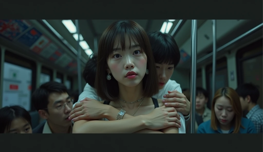 (32K:1.9, Horror depictions:1.9, Highest quality, masterpiece, Ultra-high resolution, Professional random angle camera work:1.5, Very detailedな肌と顔の質感:1.4), Always accurate, Very detailed, bag, (Cute Japanese Woman, Camisole dress and cardigan:1.6, Incredibly slim body:1.3, areola is not visible:1.4, Big breasts on the verge of collapse), ((Crowded bus:2.0, Crazy behavior:1.9, On the bus、Two young male high school students are hugging a woman from behind:1.7)), belt, Fair skin, elegant, sense of cleanliness, Thin eyebrows, (Surprised:1.0, Puzzled:1.0, A look that shows deep contempt for you:1.3, Big eyes that exude beautiful eroticism:0.4, Please open your mouth a little, lipstick, Feel the beautiful eroticism:1.0, Dark brown medium hair), Earrings, necklace, bracelet, romantic, mysterious, Object of admiration, original, dramatic, artistic, Innovative, charm, Heartful, Fancy, Tilt, sense of loss, special, ((exciting, Extreme, sense of openness, suffering, sufferingの表現)), ((Mistakes of Youth, 女性的なcharm))