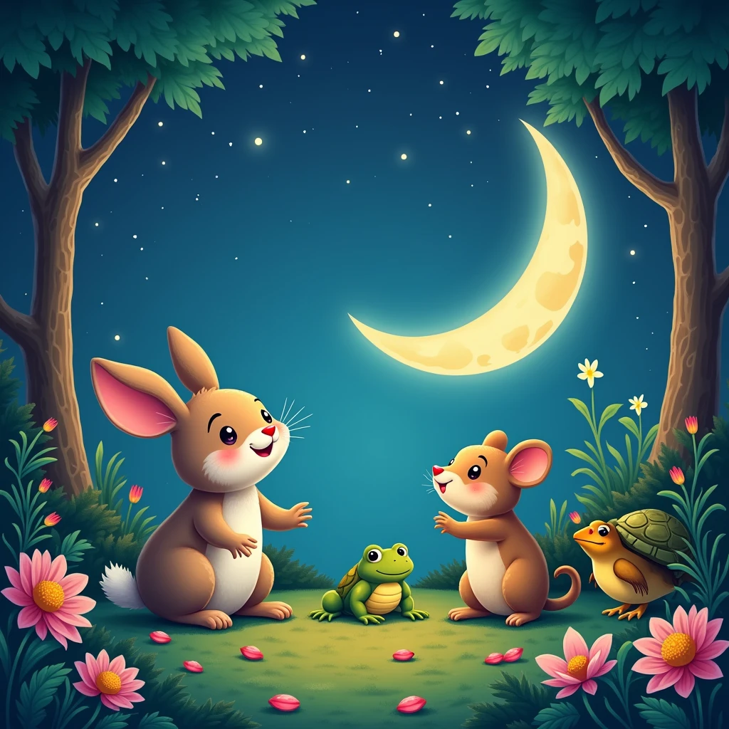 in the garden, bunny and mouse cheered, frog, bird and turlte enjoying the view of a clear crescent shape moon in the night sky,
