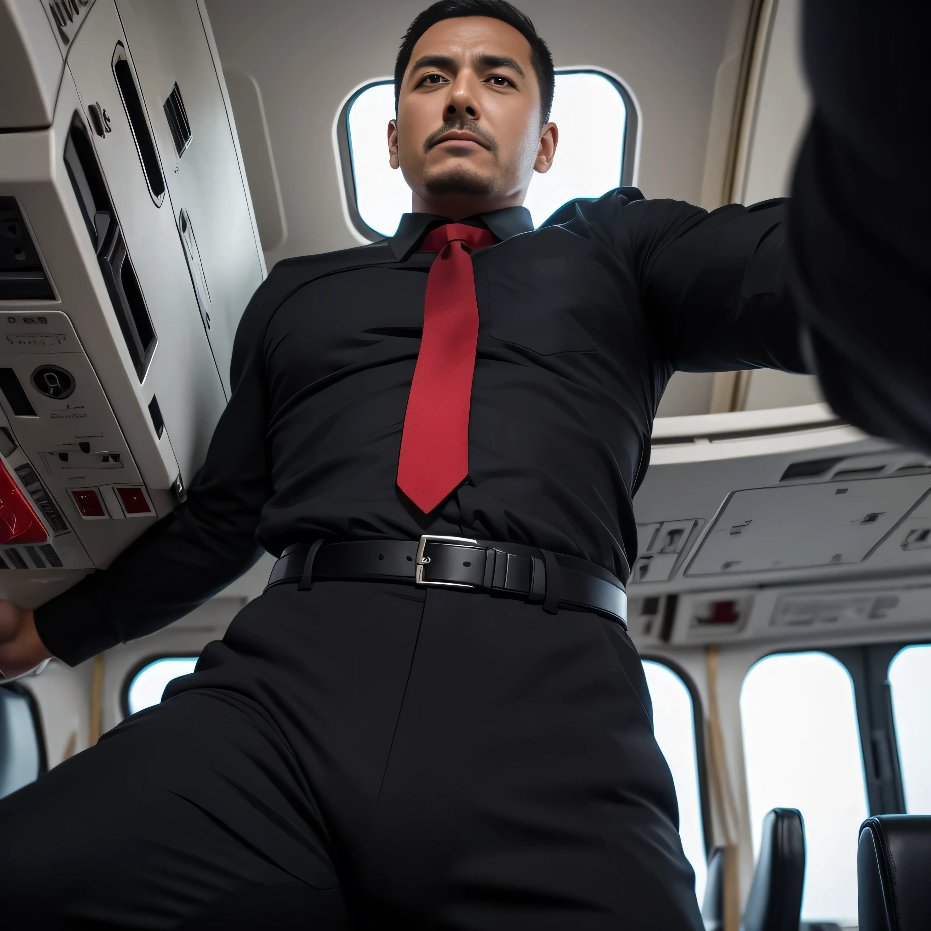 40 years old、One Man、Combatant、Black Shirt、Red tie、black slim trousers、Raid、In-flight、Face up on the ground、logic,,Very short hair、、Stubble、Faces of the Turks Seen from below The crotch area of my trousers is swollen