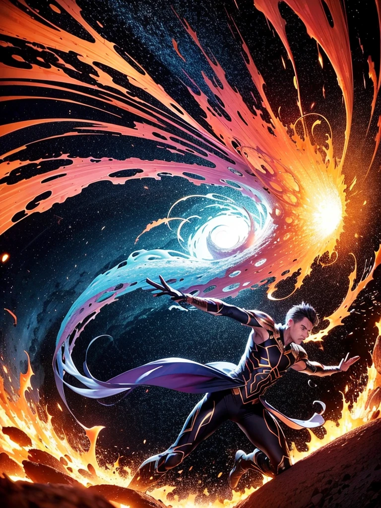 Capture the dramatic and epic moment when the Co-Creator, an entity of fluid and luminous form, is creating the universe. The scene must show the epicenter of a massive cosmic explosion, similar to the Big Bang, with intense lights and waves of energy spreading outwards. The Co-Creator must have an ethereal form, made of pure fluid energy, that seems to move and wave as if it were made of liquid light.
Your expression should reflect a mixture of terror and effort., with his facial and body features distorted by the impact of the primordial force. Show your fluidic form being pulled and fragmented by the vortex created by the explosion. Detail the way your form dissolves and stretches into the vortex, symbolizing his failed attempt to contain the chaos and his inevitable fall into his own creation.
The explosion around her must be vibrant and dynamic., with an intense brightness and a dispersion of warm and cool colors that reflect the magnitude of the event. Use a contrasting color palette to highlight the tumult and energy of the explosion., with shades of blue, purple, orange and gold to capture the grandeur and chaos of the moment.
Include details of the central vortex, showing how the Co-Creator is slowly sucked into it, as the chaos and energy around you increases. The cover should convey the feeling of a cataclysmic event and the drastic transformation of the Co-Creator, emphasizing the drama and depth of the scene with a striking and engaging visual..