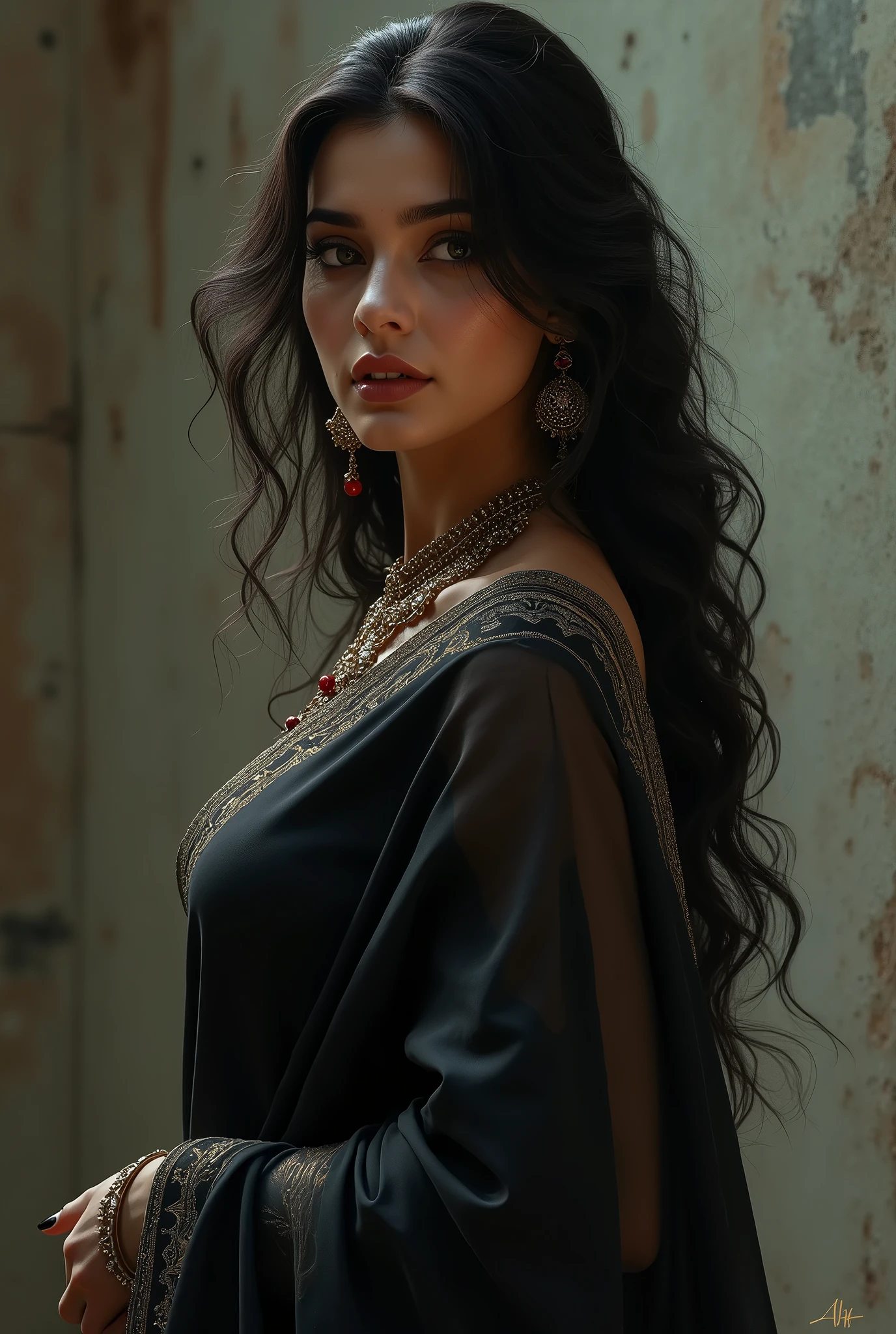 A stunningly beautiful woman with long, wavy hair cascading down her back, sharp eyes filled with intrigue, and a subtle, dangerous smile. She wears a dark, flowing saree with intricate jewelry, including a nose ring and a bindi. Poses include front pose, back pose, left pose, right pose, left-right pose, and right-left pose, capturing her elegance and hidden motives, full size picture from head to toe, hyper-realistic, cinematic lighting, 4k resolution, digital painting, by Artgerm and Ilya Kuvshinov.