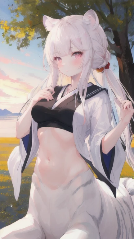 (best quality, masterpiece), 1 girl, centaur, I beg, White skin, Japanese schoolgirl,daughter,black pink, exposing the abdomen, belly button t-shirt , beautiful girl perfect, White tiger photo, Perfect desert photo