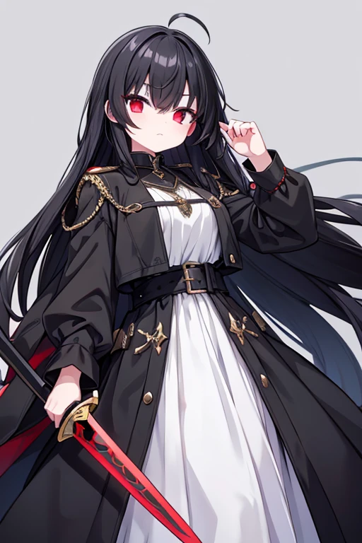 Medieval aristocracy, black long trench coat, Black Hair, Hair partially covering the eyes, Red eyes, Full-length characters,Sword in hand , There is a white ring at the back of the head,One person,