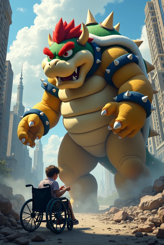 bowser getting bigger and bigger, destroying a city,looking at his cock, where there is a disabled person with love, Digital art