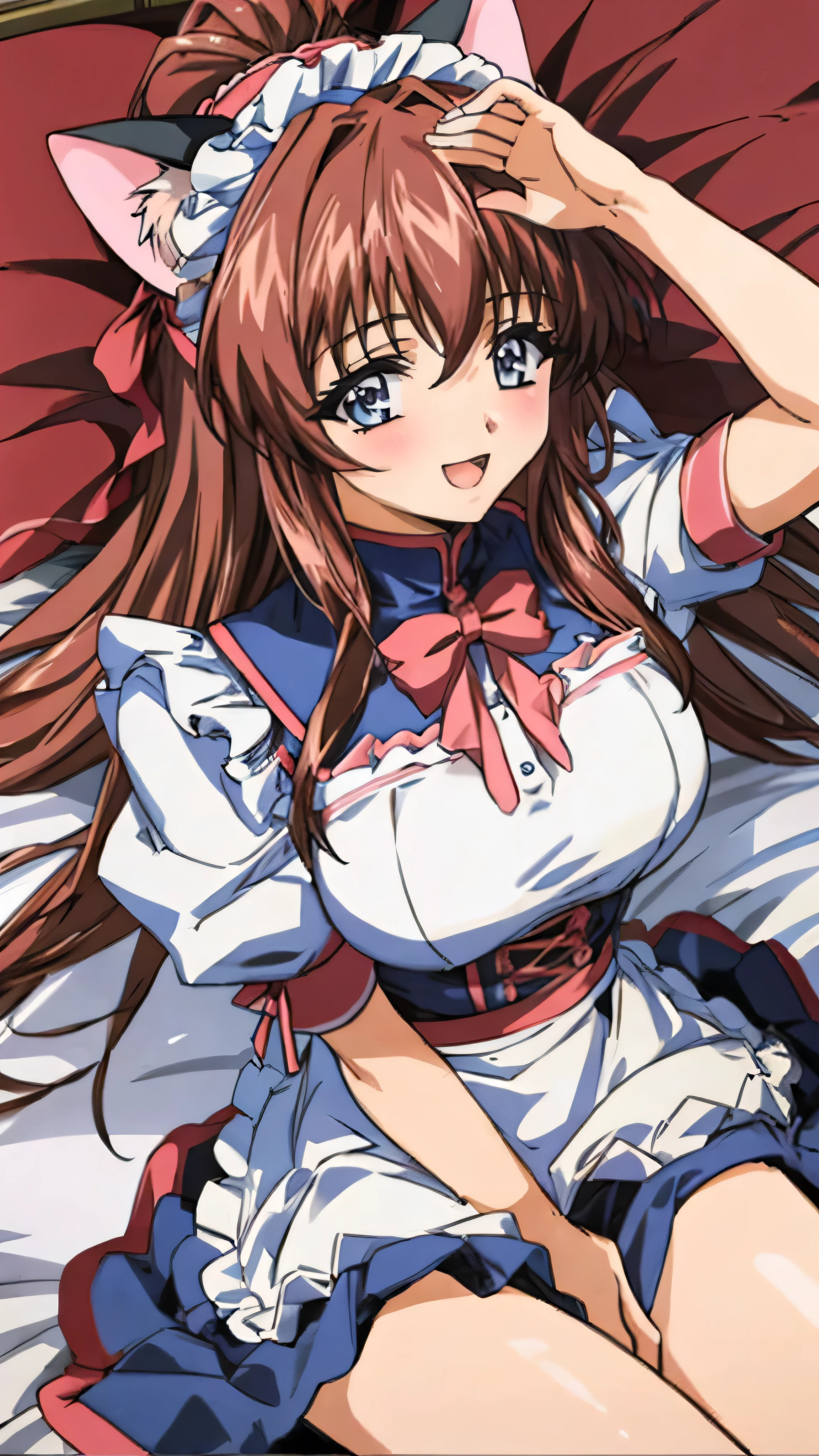 (Anime artwork, Anime Style, Studio Anime, Very detailed, Latest, Vibrant, Anime Coloring Book, High Contrast, masterpiece:1.2, Highest quality, Best aesthetics), (Beautiful and detailed:1.2), Aoikan, 1 person, blush, (maid headdress, cat ears, maid uniform), Cute Smile Open your mouth On the bed, Lie down with your arms up, Pink Good, From above, No pants,Two Arms,