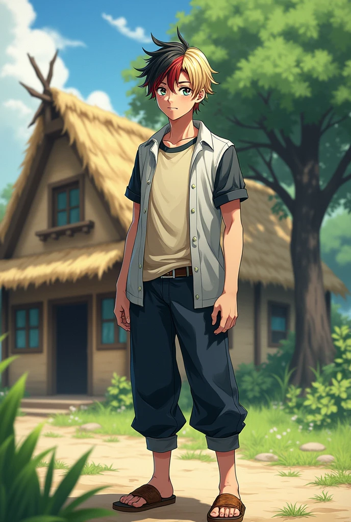 1 fantasy anime handsome boy with short and tidy "some of blonde and black hair with a little of red hair" . Shiny green eyes with red halo around the pupils. White shirt with gray short sleeves and black edges, cream colored t-shirt underneath. The buttons are closed. Standing in front of the door of a house with straw walls and a hay roof. Among the greens and a single big tree facing. Old navy pants and old brown sandals. strong and rather tall body .