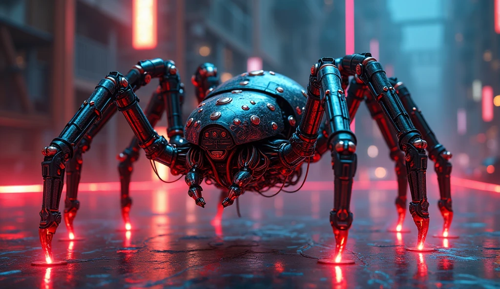 Mechanical spider, metallic legs, cyberpunk, wired, chips, transistors, emission, vibrant, dark background