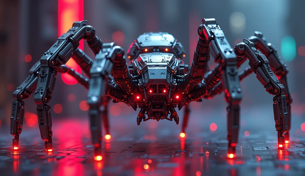 Mechanical spider, metallic legs, cyberpunk, wired, chips, transistors, emission, vibrant, dark background