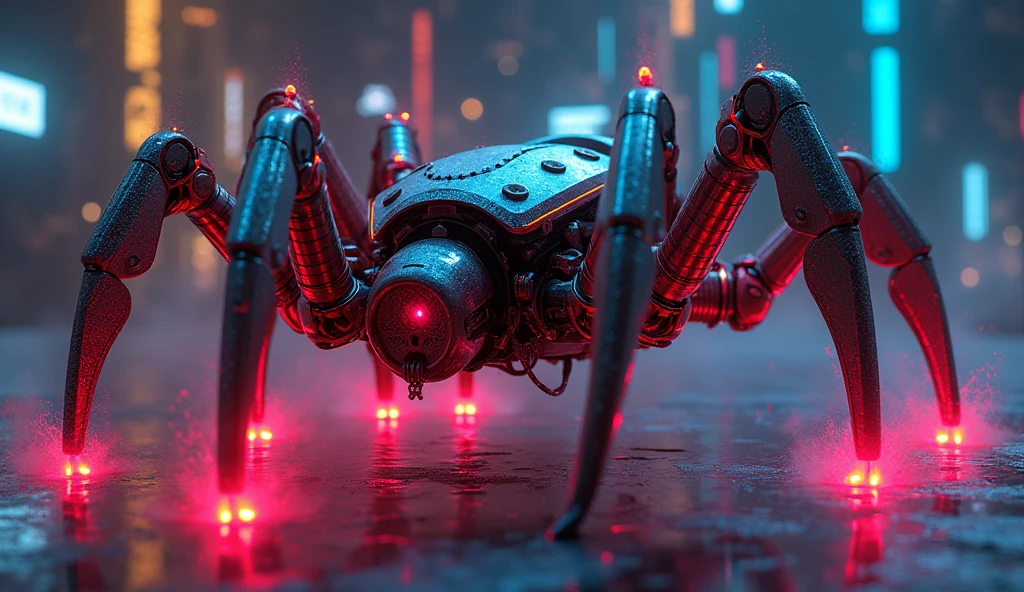 Mechanical spider, metallic legs, cyberpunk, wired, chips, transistors, emission, vibrant, dark background