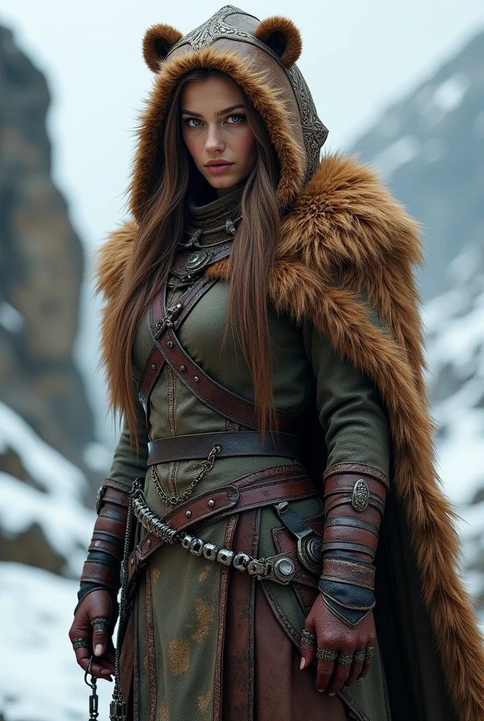 photorealistic of a female Viking warriors wearing a brown bear fur cloak, bear head hoodie