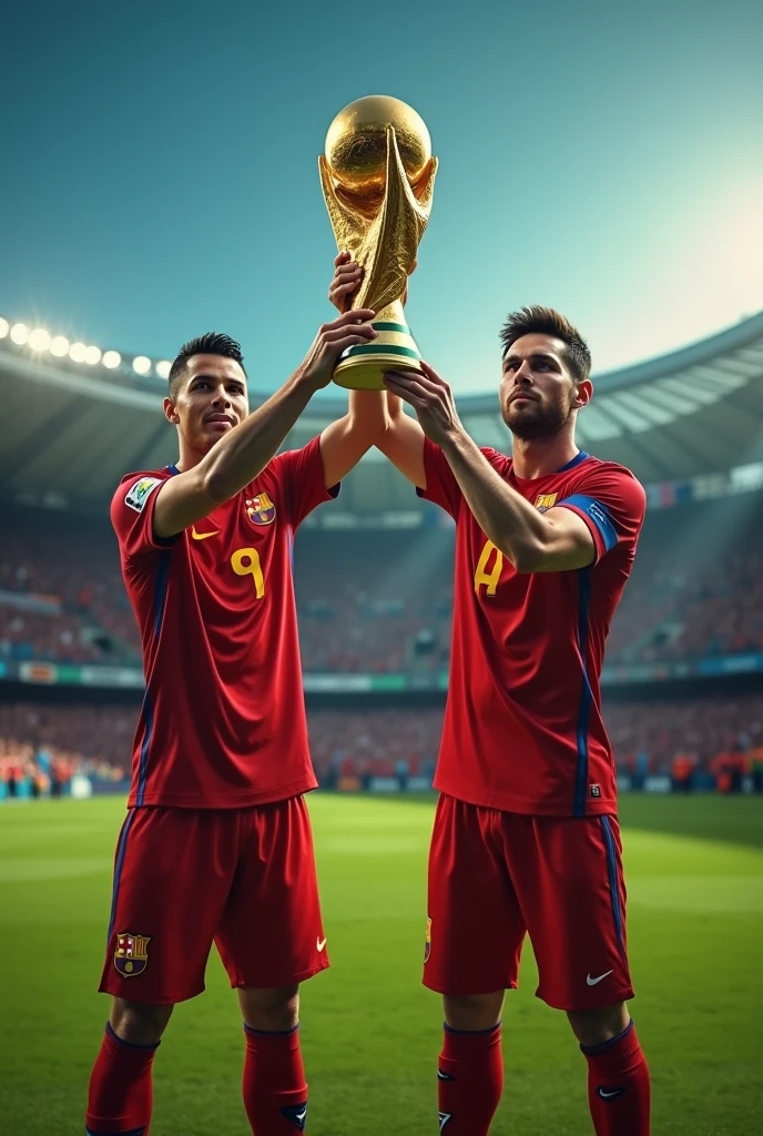 A photo of Cristiano Ronaldo and Messi with a World Cup
