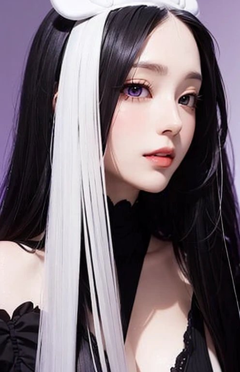 A woman with 1,70 tall, with black wavy hair with white highlights, anime style purple eyes, perfect figure