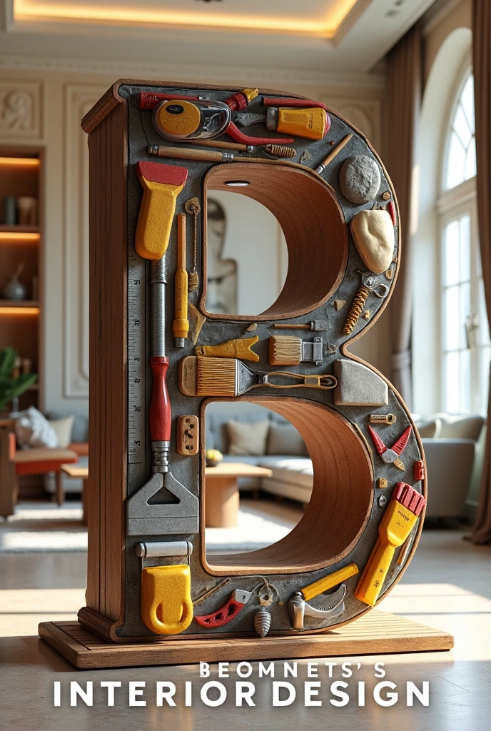 A huge letter B tilted made out of "house building materials like brush,ruller,Pencil, Roller, safty golves,Googl eye glass",background inside view of well designed house with" ceiling ,lights ,designed walls,tables, sofas and table, write boldly "Beemnet's interior Design" at the bottom