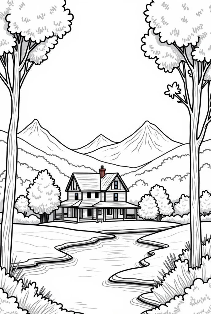 Landscape with a country house, trees, a river, mountains in the background, only outline of the drawing, black and white
