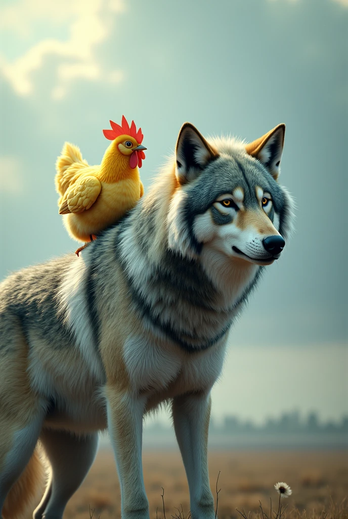 "Surreal 32K level(32K)Portrait of a small yellow chicken sitting on the back of a Russian wolf,Capture every pore and texture with a delicate texture and form,A huge and mysterious wild wolf, cute yellow chicken,Covered in grey and white stripes,A stark contrast to the surrounding landscape,The background is a wide sky,Dream scenes built with Unreal Engine 5,Stunning visuals!"