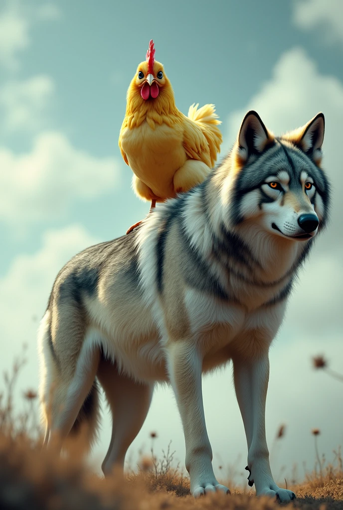 "Surreal 32K level(32K)Portrait of a small yellow chicken sitting on the back of a Russian wolf,Capture every pore and texture with a delicate texture and form,A huge and mysterious wild wolf, cute yellow chicken,Covered in grey and white stripes,A stark contrast to the surrounding landscape,The background is a wide sky,Dream scenes built with Unreal Engine 5,Stunning visuals!"