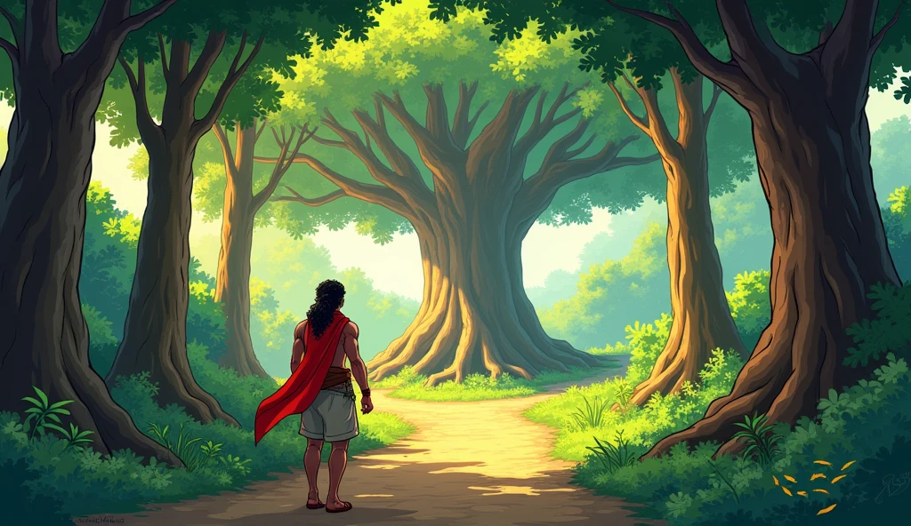 Sage Bhaskar guiding Arav to the tree: Comic style. Arav, still the adult warrior, follows Sage Bhaskar through a forest path lined with dense foliage and vibrant greenery. The path is surrounded by tall trees with thick trunks, and the air is filled with the sounds of chirping birds. Arav’s face shows curiosity and hope, and his red scarf flutters slightly in the gentle breeze. The sage leads him to the large, ancient tree, which stands majestically in a sunlit clearing, providing a sense of wisdom and tranquility.