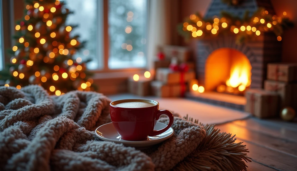 a cozy winter scene, mugs of hot coffee latte, intricate christmas ornaments, warm fireplace, twinkling string lights, snowy pine trees, gingerbread house, stacks of holiday presents, festive garlands, candles flickering, plush throw blankets, (best quality,4k,8k,highres,masterpiece:1.2),ultra-detailed,(realistic,photorealistic,photo-realistic:1.37),highly detailed,cinematic lighting,warm color palette,christmas aesthetic,holiday vibes,cozy and inviting