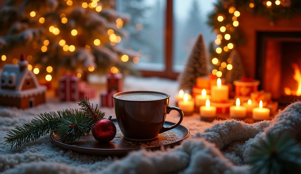 a cozy winter scene, mugs of hot coffee latte, intricate christmas ornaments, warm fireplace, twinkling string lights, snowy pine trees, gingerbread house, stacks of holiday presents, festive garlands, candles flickering, plush throw blankets, (best quality,4k,8k,highres,masterpiece:1.2),ultra-detailed,(realistic,photorealistic,photo-realistic:1.37),highly detailed,cinematic lighting,warm color palette,christmas aesthetic,holiday vibes,cozy and inviting