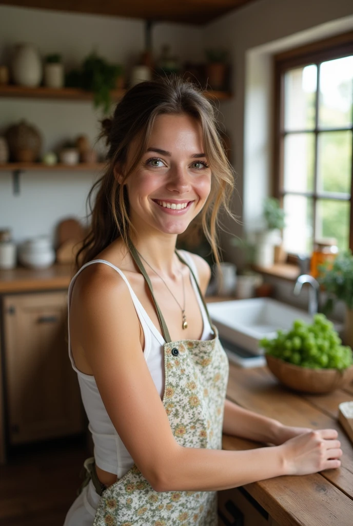 Arafed Femme portant un débardeur blanc et un collier, Fille sexy aux yeux verts, Portrait Sophie Mudd, cheveux bruns et grands yeux, selfie d'une jeune femme.
Détend-toi dans sa cuisine de campagne. Elle porte un tablier élégant par-dessus une robe en coton à fleurs, parfait pour cuisiner. Ses cheveux bruns sont en un chignon décontracté, et elle a un maquillage naturel. En prenant un selfie, elle est en train de préparer un plat sur le comptoir en bois, entourée de poteries, de paniers de fruits et d’herbes fraîches. L’arrière-plan montre des étagères garnies de produits faits maison et des fenêtres donnant sur le jardin extérieur. Son sourire est chaleureux et accueillant, capturant le confort et la convivialité de la cuisine de campagne.