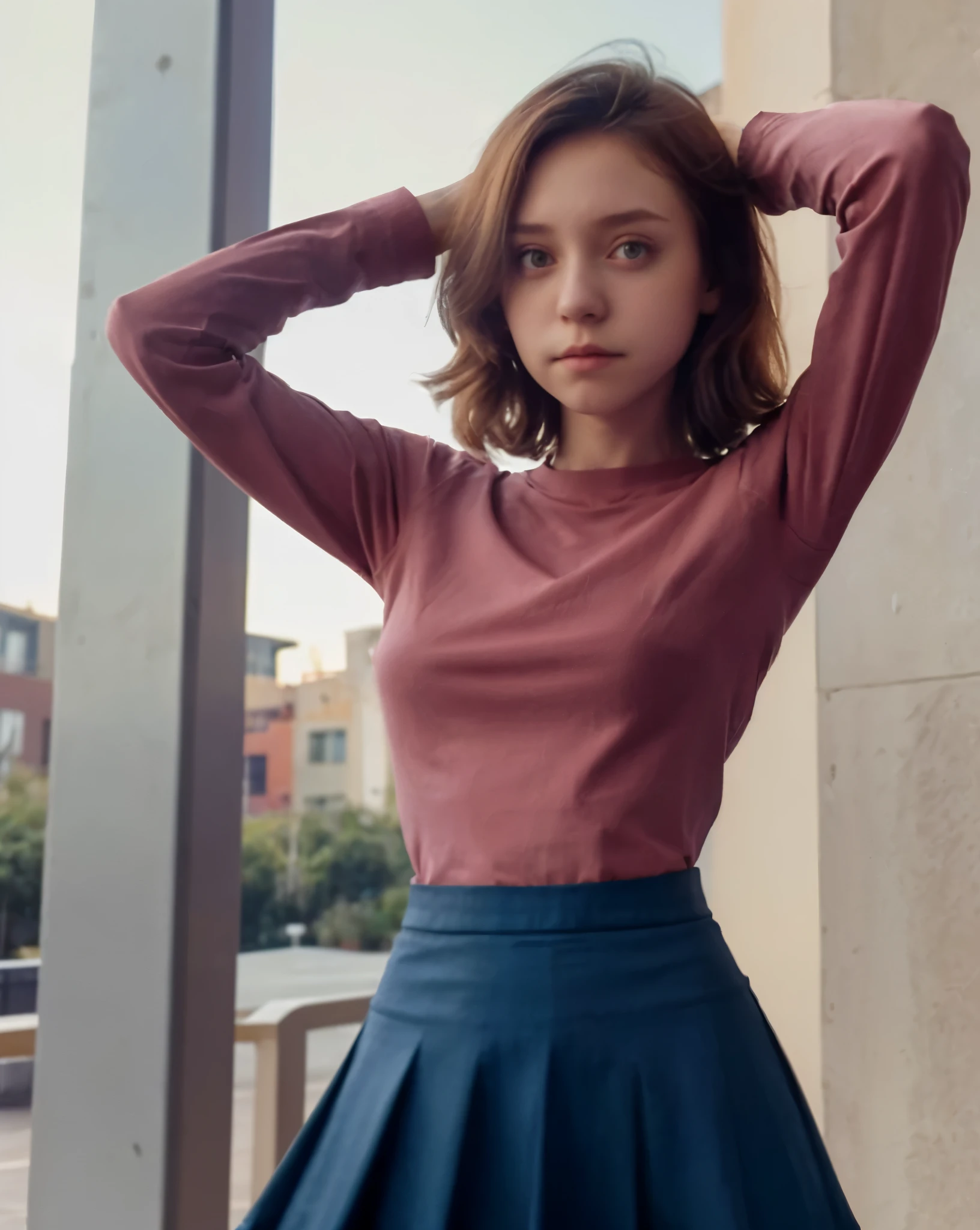 skinny short girl, random colored tucked shirt, skirt, long sleeves, hands up, eyes on viewer