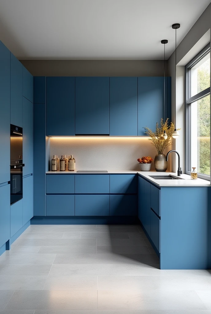Make a blue L-shaped kitchen , with a light gray floor and a feature wall in the color you think matches